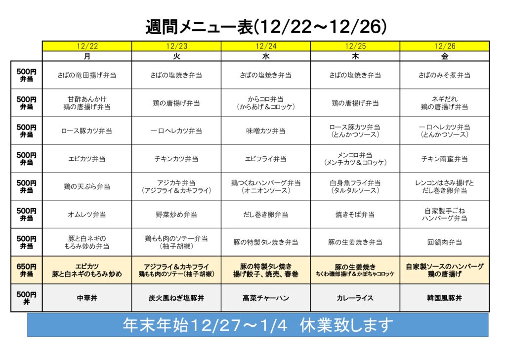 来週のメニュー(高井田‗12.22～)