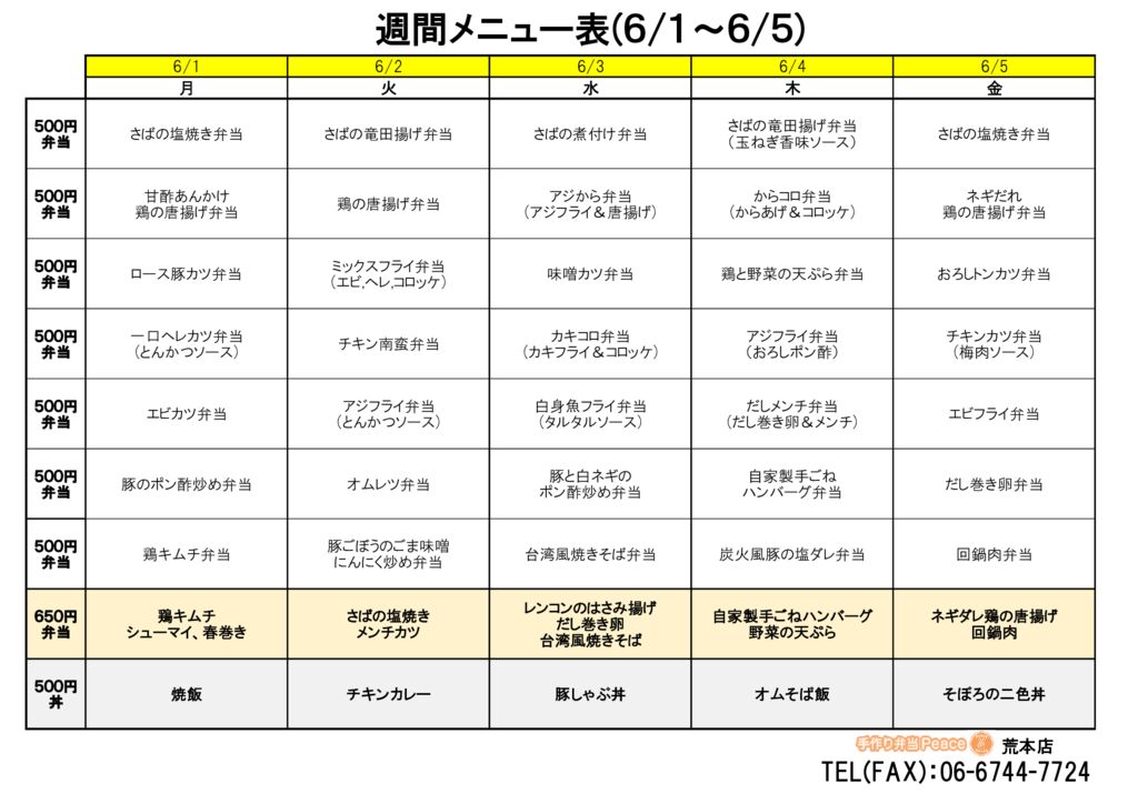 来週のメニュー(荒本‗06.01～)