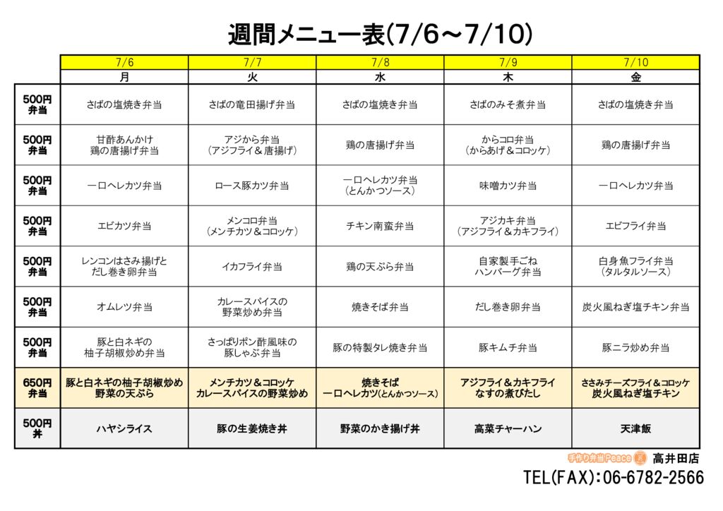 来週のメニュー(高井田‗07.06～)