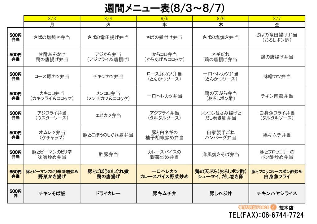 来週のメニュー(荒本‗08.03~)